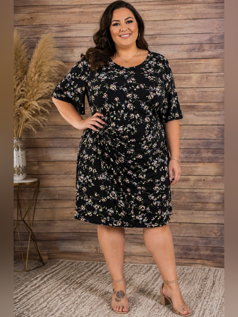 NWT Connected Apparel 24W Black Floral Ruched Dress Plus Size Midi Sheath Dress